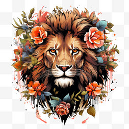 狮子手绘鲜花插画AI元素立体免扣