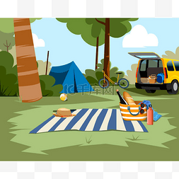 帐篷汽车图片_带有帐篷汽车和自然背景的野餐场