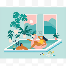 夏天在家里图片_夫妇在检疫期间在游泳池度过暑假