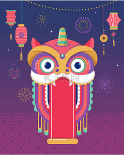 中国新年背景, 贺卡与舞狮, 红龙