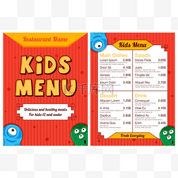儿童餐矢量图片_可爱的多彩儿童餐菜单有怪物。矢