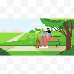 绿树绿叶图片_妇女与狗在公园玩耍的春夏背景的