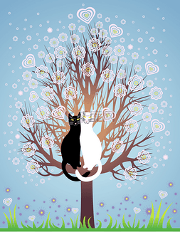 一棵开花的树上爱猫