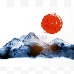 大米背景素材图片图片_山上的雾和大红色的太阳手用墨水