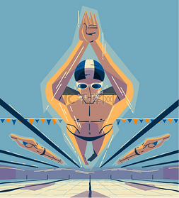彩色海报与男子在游泳比赛 