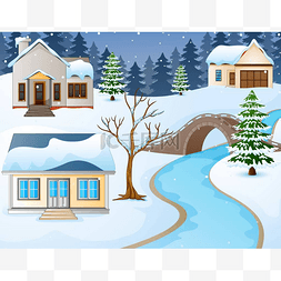 河和房子图片_动画片冬天农村风景与房子和石桥