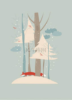 狐狸与树木图片_冬季景观树木与狐狸
