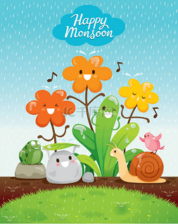 卡通人物花卉和动物的幸福在雨中