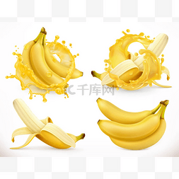 香蕉汁。新鲜的水果和飞溅，3d 现