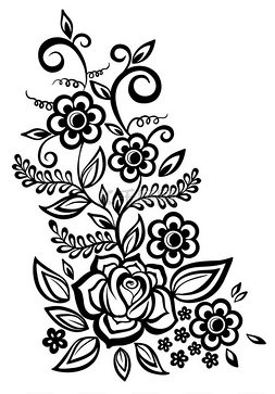 插图黑白花图片_黑白花和叶子。花艺设计元素的复