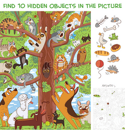 卡通找到图片_猫正坐在树上.在图片中找到10个隐
