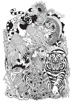 星座纹图片_黑色和白色的四个天体动物插图