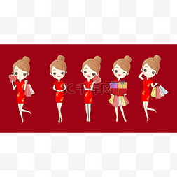 旗袍卡通女孩图片_随着中国农历新年的女孩