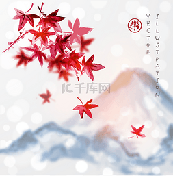 红枫叶和富士山