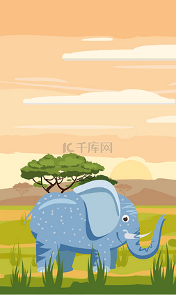 大象在非洲风景的背景, 大草原, 