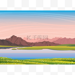 平静湖水图片_自然向量风景。夏日插图与平静的