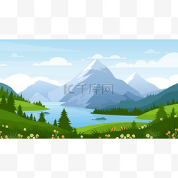 群山矢量图片_春夏美丽自然的卡通平面全景，绿