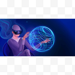 技术banner图片_A woman in a virtual reality helmet is engage
