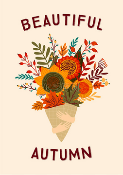 时尚封面模板图片_可爱的插图与秋天的花束。用于卡