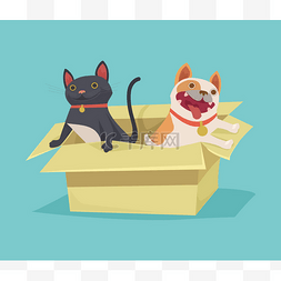 矢量平面插画图片_猫和狗坐在纸板箱。矢量平面插画
