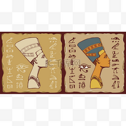 法老矢量图片_带有埃及女王Nefertiti和象形文字的
