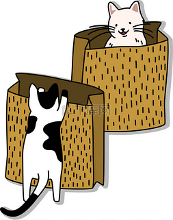 两只猫的卡通在玩纸袋。简单可爱