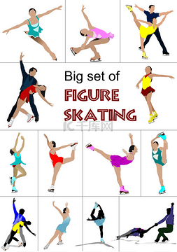 五一大促图片_花样滑冰的一大套色的剪影。矢量