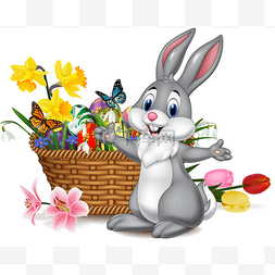 卡通兔子，篮子里有复活节彩蛋