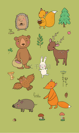 儿童配图片_森林里的动物配以可爱的卡通熊、