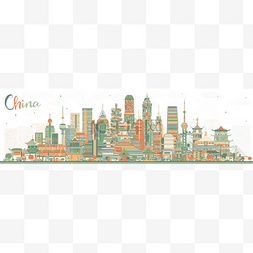 中国城市天际线与彩楼。中国著名