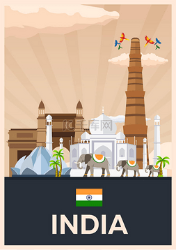 旅游海报到印度。矢量平面插画.