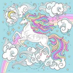 云层海报图片_一只美丽的白色独角兽, 在彩虹和