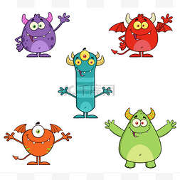 挥舞着的五个怪物卡通人物. 