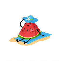 夏天沙滩上图片_滑稽的西瓜坐在沙滩上的蓝色帽子