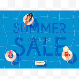 乳胶床垫图片_夏季销售横幅与妇女穿着泳衣躺在