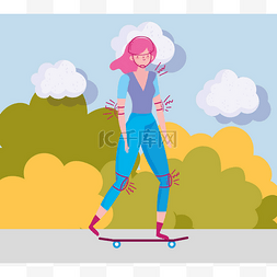 autumn秋季图片_Woman cartoon with skateboard in autumn vecto