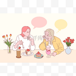两个女人拿着花瓶在桌边互相交谈