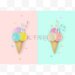 冰淇淋的图像图片_冰淇淋锥, 背景, 3d, 粉彩。剪纸风
