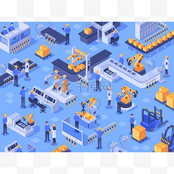 智能工厂和工业图片_等轴测智能工业工厂。自动化生产