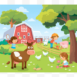 红色的谷仓门图片_有孩子的农场景观。与农场动物,