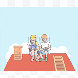 可爱的小女孩和男孩正坐在屋顶上