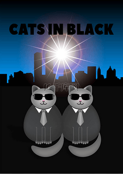 明亮城市图片_黑色的猫，背景上的城市轮廓和明