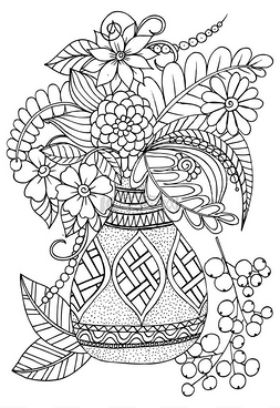花瓶黑色图片_花瓶中的花。涂鸦画在黑色和白色