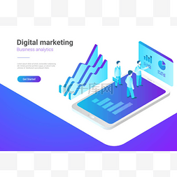 等距平面营销策略矢量图。人们站