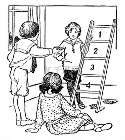 三个孩子玩梯子游戏,把豆袋扔在