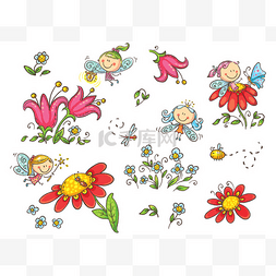 花卉昆虫背景图片_集卡通仙子, 昆虫, 花卉和元素, 矢