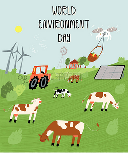 风车矢量卡通素材图片_世界环境日的设计。牛场、风车场
