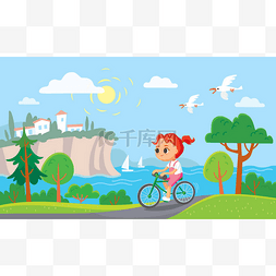 女孩骑自行车。夏天的冥想背景。