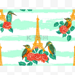 鸟类的背景图片_无缝巴黎埃菲尔铁塔、 鸟类和玫