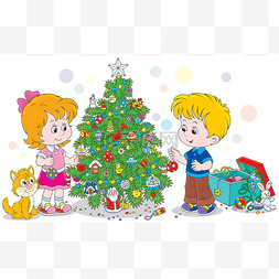 孩子装饰一棵圣诞树